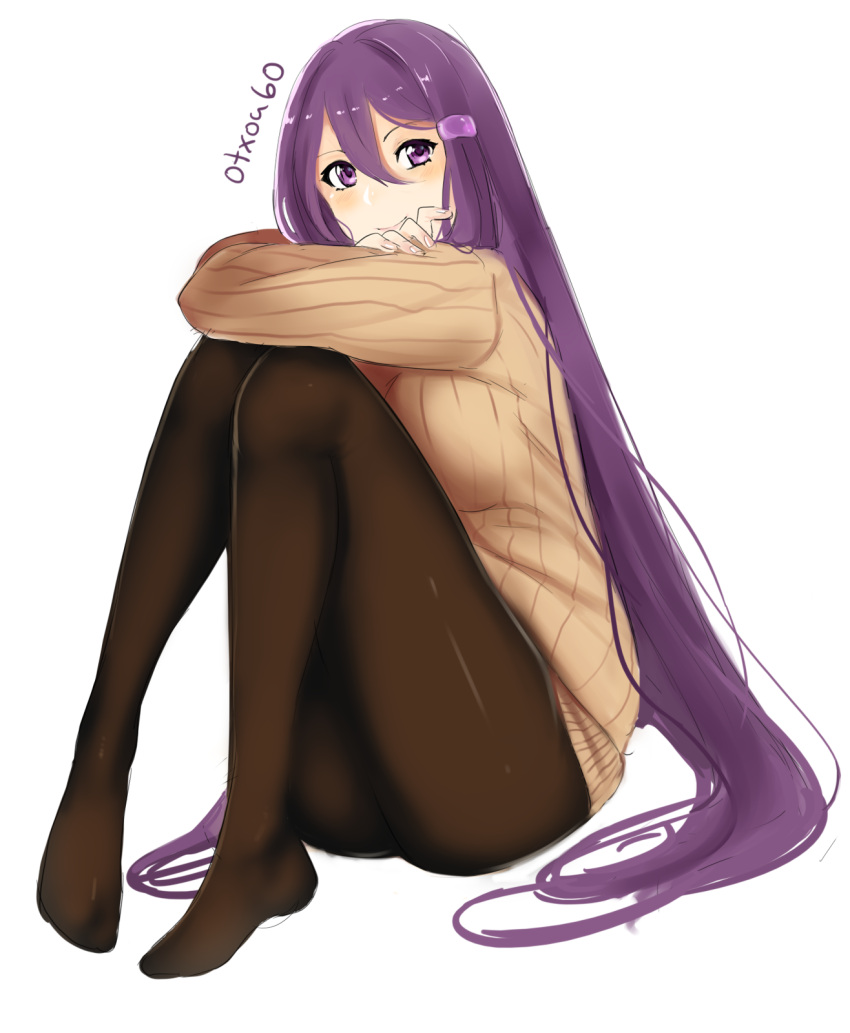 1girl artist_name beige_sweater brown_legwear commentary doki_doki_literature_club english_commentary full_body hair_ornament hairclip highres knees_to_chest long_hair looking_at_viewer otxoa60 pantyhose purple_hair ribbed_sweater simple_background sitting sketch smile solo sweater very_long_hair violet_eyes white_background yuri_(doki_doki_literature_club)