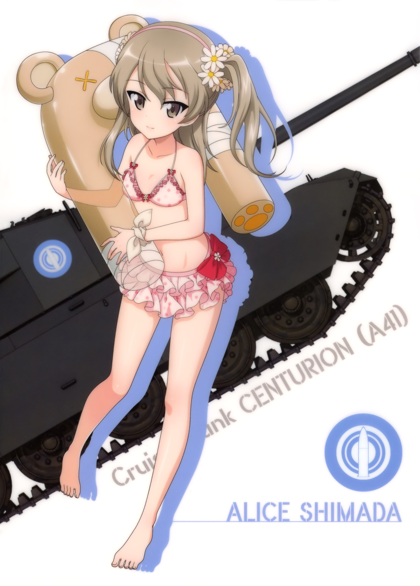 1girl absurdres bangs barefoot bikini bikini_skirt breasts brown_eyes brown_hair centurion_(tank) character_name collarbone daisy eyebrows_visible_through_hair flower girls_und_panzer ground_vehicle hair_between_eyes hair_flower hair_ornament hairband highres holding layered_skirt long_hair looking_at_viewer military military_vehicle motor_vehicle one_leg_raised pink_bikini pink_hairband polka_dot polka_dot_bikini ribbon shimada_arisu side_ponytail small_breasts solo standing standing_on_one_leg swimsuit tank transparent white_background white_flower white_ribbon wrist_ribbon