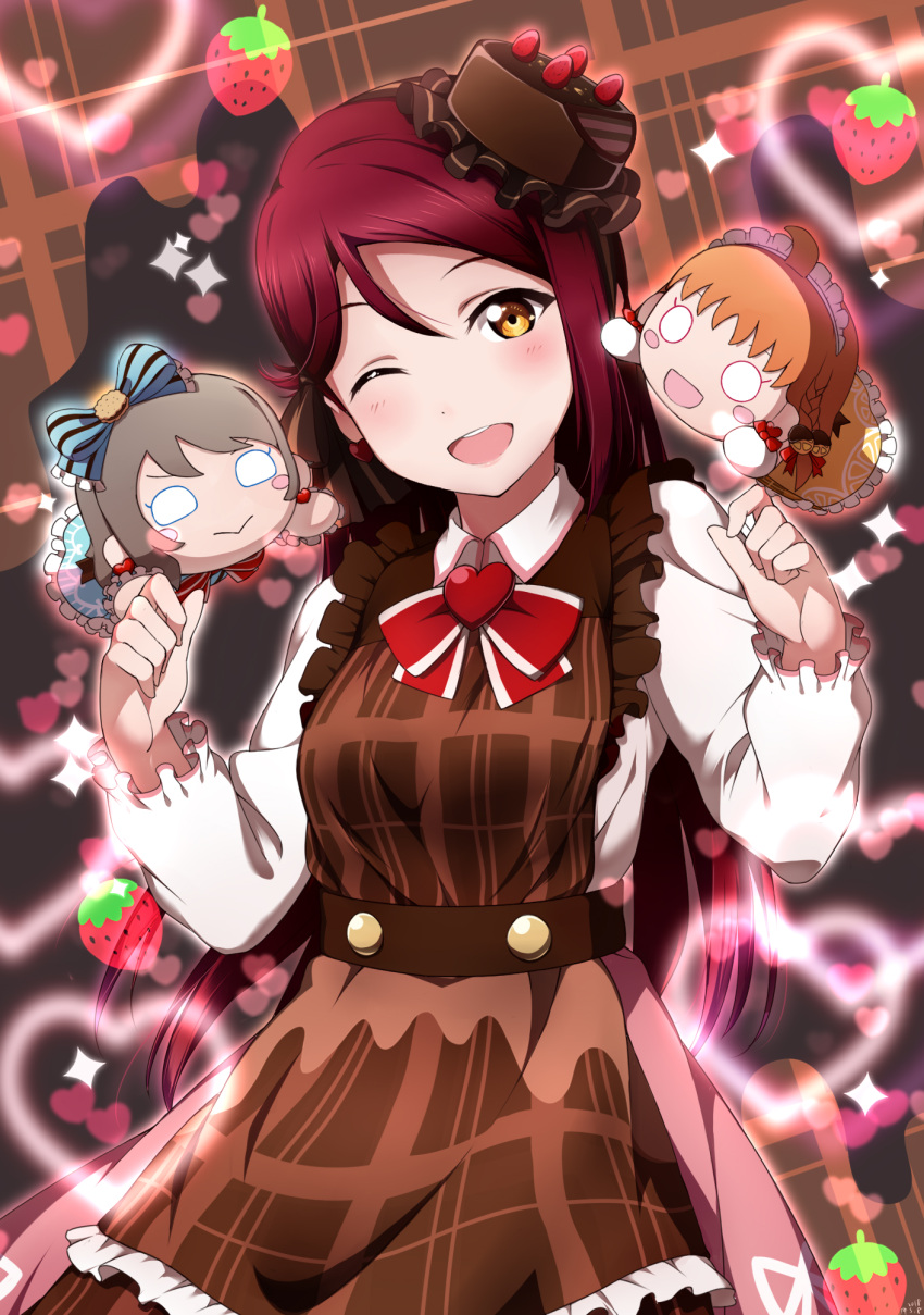 1girl :&gt; :d ;d ahoge apron blue_bow blush blush_stickers bow bowtie brown_apron brown_eyes brown_hat cake_hat character_doll clenched_hands collared_shirt food frilled_hat frilled_sleeves frills fruit grey_hair hair_bow hands_up hat highres long_hair long_sleeves looking_at_viewer love_live! love_live!_sunshine!! maid_headdress nesoberi o_o one_eye_closed open_mouth orange_hair pink_skirt plaid plaid_apron red_neckwear redhead sakurauchi_riko shiimai shirt skirt smile solo sparkle strawberry striped striped_bow takami_chika watanabe_you white_shirt