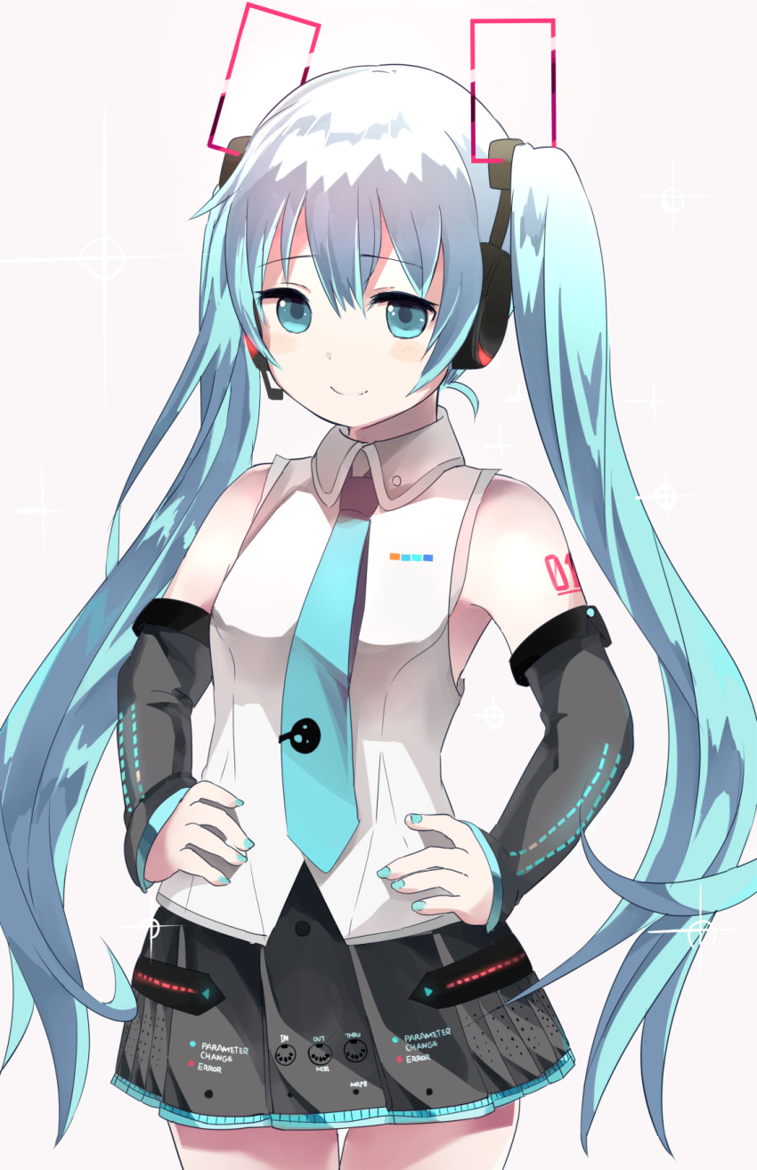 1girl arm_tattoo bangs bare_shoulders black_skirt blue_eyes blue_hair blue_nails blue_neckwear blush breasts closed_mouth clothes_writing collared_shirt cowboy_shot detached_sleeves eyebrows eyebrows_visible_through_hair facing_away fingernails hair_between_eyes hands_on_hips hatsune_miku headset highres long_hair long_sleeves looking_at_viewer medium_breasts microphone miniskirt nail_polish necktie number number_tattoo pleated_skirt samidare shirt skirt sleeveless sleeveless_shirt sleeves_past_wrists smile solo sparkle standing tattoo thigh_gap twintails very_long_hair vocaloid white_shirt