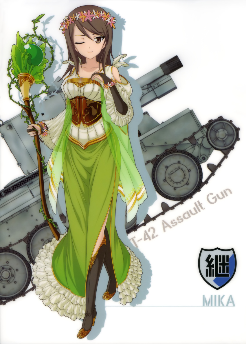 1girl ;) absurdres bangs black_footwear boots bridal_gauntlets brown_eyes brown_hair bt-42 character_name corset dress eyebrows_visible_through_hair full_body girls_und_panzer ground_vehicle head_wreath high_heels highres holding holding_staff knee_boots long_dress long_hair looking_at_viewer mika_(girls_und_panzer) military military_vehicle motor_vehicle one_eye_closed skirt smile solo staff standing swept_bangs tank white_background