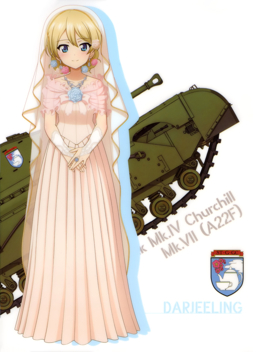 1girl absurdres bangs blonde_hair blue_flower bridal_gauntlets character_name churchill_(tank) collarbone darjeeling dress earrings eyebrows_visible_through_hair flower full_body girls_und_panzer ground_vehicle hair_between_eyes hair_flower hair_ornament highres jewelry layered_dress long_dress looking_at_viewer military military_vehicle motor_vehicle necklace pink_dress pink_flower ring see-through short_hair smile solo standing swept_bangs tank tied_hair white_background white_flower