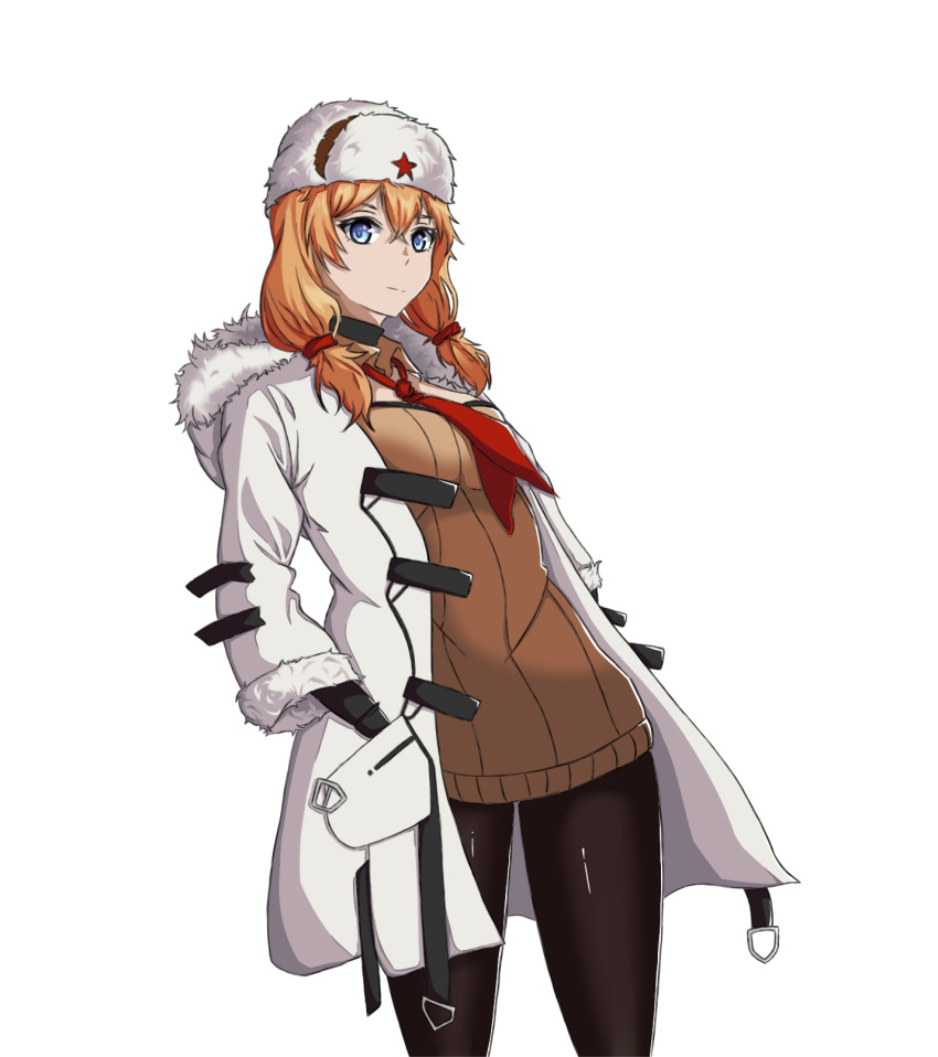 1girl ammunition_pouch bangs belt black_gloves blonde_hair blood blood_on_face bloody_clothes blue_eyes brown_sweater cb.rabbit closed_mouth coat digi-mind_update_(girls_frontline) expressionless floating_hair from_side fur-trimmed_coat fur_hat fur_trim girls_frontline gloves hair_between_eyes hair_tie hands_in_pockets hat highres hood hood_down hooded_coat long_hair mosin-nagant_(girls_frontline) multiple_straps necktie open_clothes open_coat pantyhose pouch red_neckwear ribbed_sweater shovel side_ponytail sidelocks simple_background sweater ushanka weapon white_background white_coat worktool