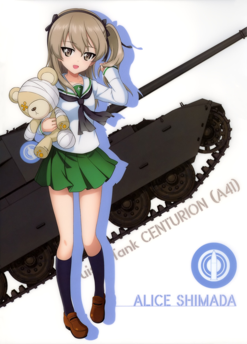 1girl absurdres bang black_hairband black_legwear black_neckwear black_ribbon boko_(girls_und_panzer) brown_eyes brown_footwear brown_hair centurion_(tank) character_name collarbone eyebrows_visible_through_hair finger_gun floating_hair girls_und_panzer ground_vehicle hair_between_eyes hair_ribbon hairband highres holding holding_hair kneehighs loafers long_hair looking_at_viewer military military_vehicle miniskirt motor_vehicle ooarai_school_uniform pleated_skirt ribbon school_uniform serafuku shimada_arisu shirt shoes side_ponytail skirt solo standing tank uniform white_background white_shirt