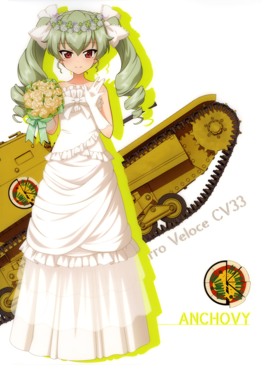 1girl absurdres anchovy bangs blunt_bangs bouquet bow carro_veloce_cv-33 character_name dress drill_hair elbow_gloves eyebrows_visible_through_hair flower girls_und_panzer gloves green_hair ground_vehicle hair_between_eyes hair_bow highres holding holding_bouquet long_dress long_hair looking_at_viewer military military_vehicle mole mole_under_eye motor_vehicle red_eyes sleeveless sleeveless_dress solo standing strapless strapless_dress tank twin_drills twintails wedding_dress white_background white_bow white_dress white_gloves yellow_flower