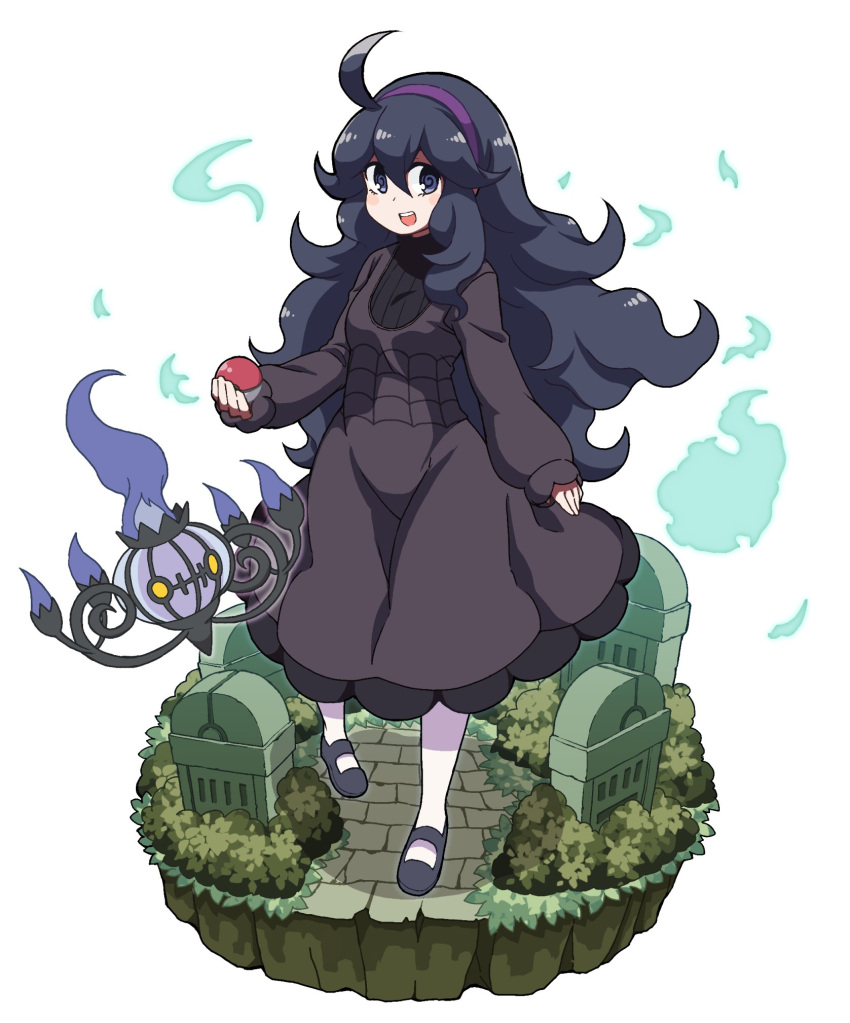 1girl :d ahoge al_bhed_eyes bangs black_footwear breasts chandelure dress fire full_body gen_5_pokemon hair_between_eyes hairband hex_maniac_(pokemon) highres holding holding_poke_ball legs_apart long_hair long_sleeves mary_janes nazonazo_(nazonazot) npc open_mouth poke_ball poke_ball_(generic) pokemon pokemon_(creature) pokemon_(game) pokemon_xy purple_dress purple_fire purple_hair purple_hairband shoes simple_background sleeves_past_wrists small_breasts smile solo standing teeth tombstone very_long_hair violet_eyes white_background