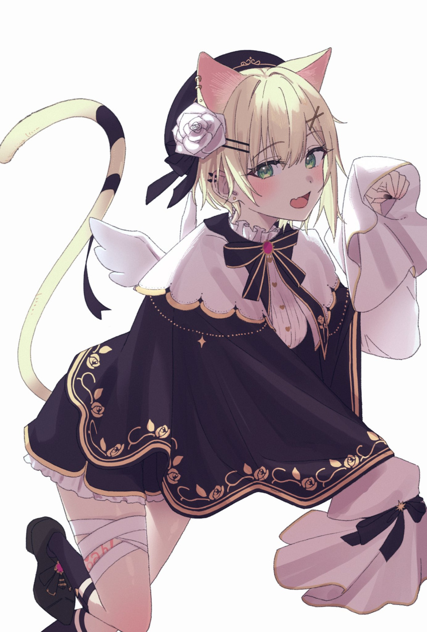 1girl animal_ears bandaged_leg bandages beret black_footwear black_hair black_shorts black_socks blonde_hair blush bow capelet cat_ears cat_girl cat_tail ear_piercing extra_ears fang flower green_eyes hair_flower hair_ornament hand_up hat high_heels highres iris_black_games kurumi_noah looking_at_viewer open_mouth paw_pose piercing short_hair shorts simple_background skin_fang smile socks solo tail virtual_youtuber vspo! white_background wings x_hair_ornament zakki3939