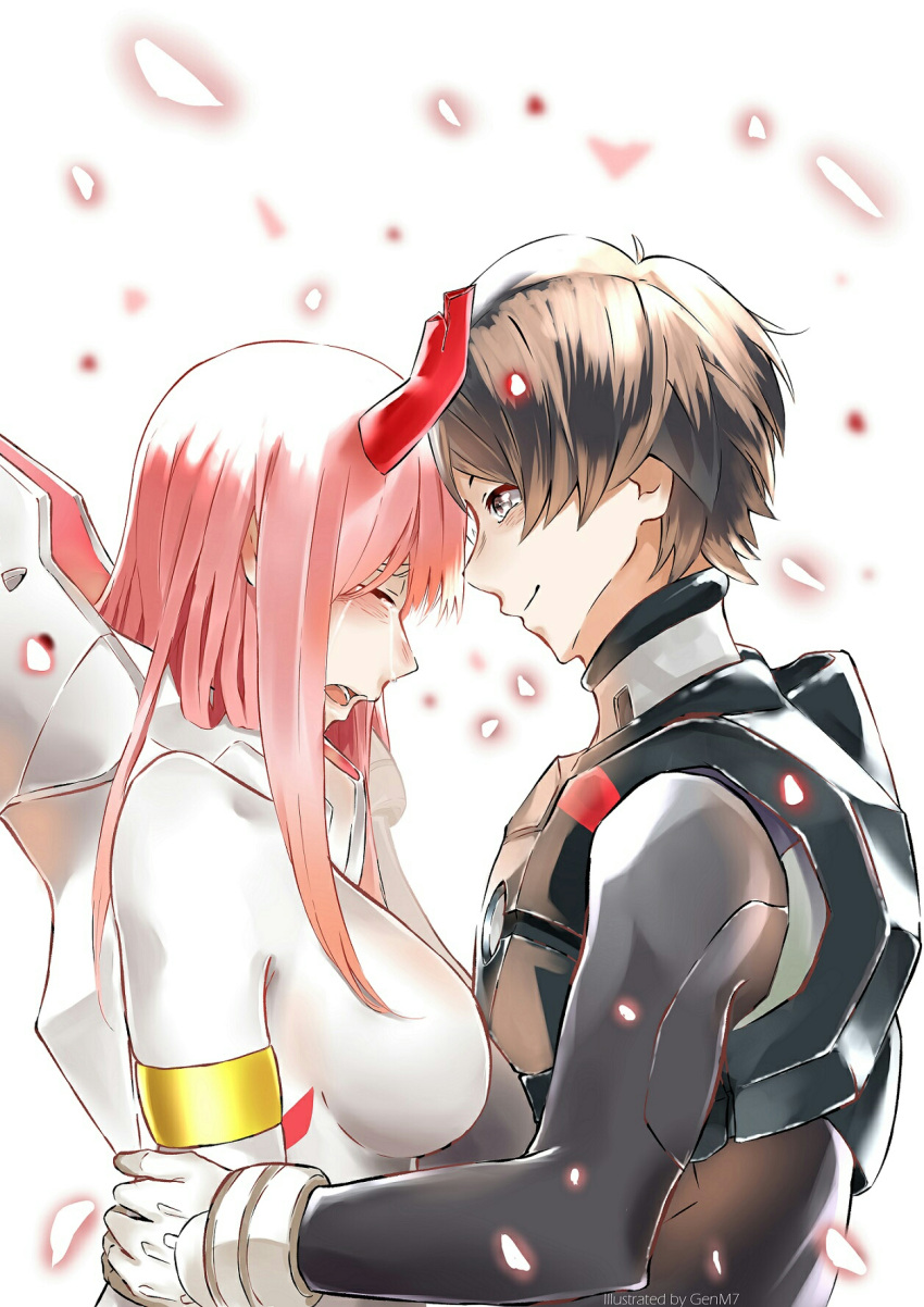 1boy 1girl asymmetrical_horns black_bodysuit black_hair bodysuit breasts closed_eyes commentary couple crying darling_in_the_franxx forehead-to-forehead fringe genm7 gloves highres hiro_(darling_in_the_franxx) horn large_breasts long_hair looking_at_another oni_horn pilot_suit pink_hair red_horns short_hair white_bodysuit white_gloves zero_two_(darling_in_the_franxx)