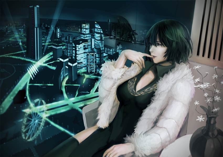 1girl arm_rest bangs breasts building city city_lights cleavage collar_up dress ferris_wheel finger_to_mouth fubuki_(one-punch_man) fur_coat green_dress green_eyes green_hair green_legwear hair_between_eyes highres horizon indoors jewelry long_sleeves looking_afar medium_breasts mintbreak necklace night night_sky one-punch_man parted_lips plant potted_plant reflection river short_hair side_slit sitting sky skyscraper solo thigh-highs thighs tower wavy_hair window