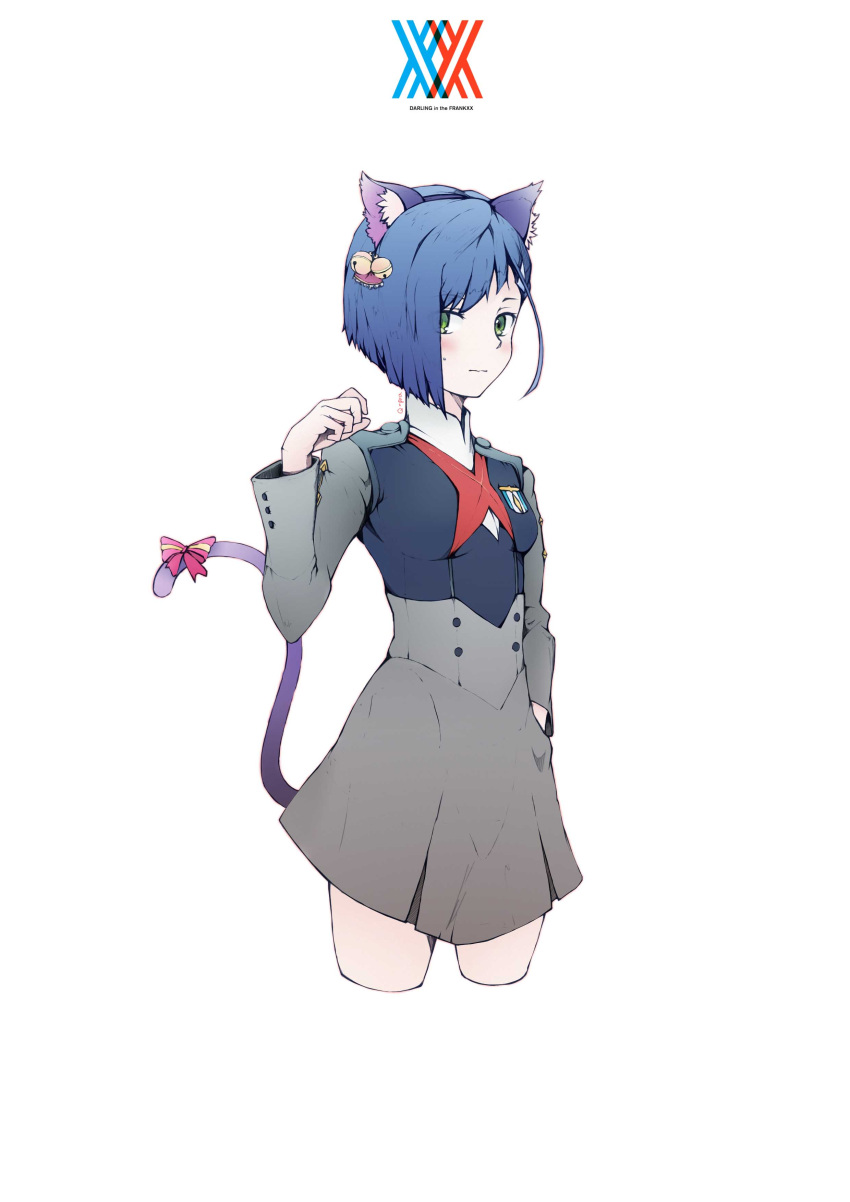 1girl absurdres animal_ears bell blue_hair blush bow breasts cat_ears cat_tail commentary_request cropped_legs darling_in_the_franxx fake_animal_ears green_eyes hair_ornament hair_over_one_eye hairclip hand_in_pocket highres ichigo_(darling_in_the_franxx) looking_at_viewer paw_pose q-pra ribbon short_hair solo tail tail_bow tail_ribbon uniform
