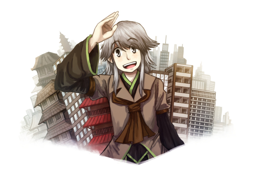 1other androgynous bow brown_coat building coat grey_eyes houlen_yabusame len'en open_mouth short_hair short_hair_with_long_locks silver_hair skyscraper smile solo yamanoskk