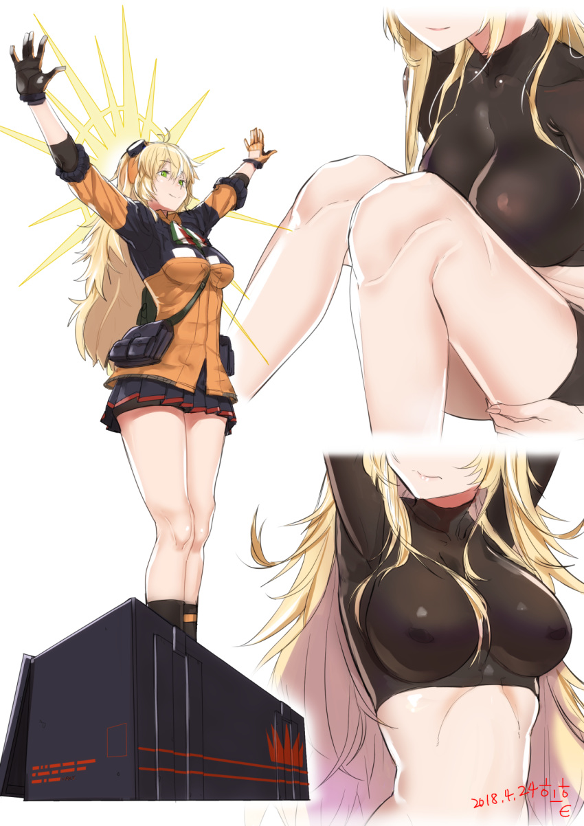 1girl 3: \o/ arms_up artist_name artist_request between_breasts bike_shorts black_legwear blonde_hair breasts collage crop_top dark_souls dated girls_frontline gloves green_eyes highres impossible_clothes impossible_shirt long_hair medium_breasts miniskirt multiple_views outstretched_arms outstretched_hand pleated_skirt praise_the_sun s.a.t.8_(girls_frontline) shirt skirt smile socks solo souls_(from_software) standing strap_cleavage