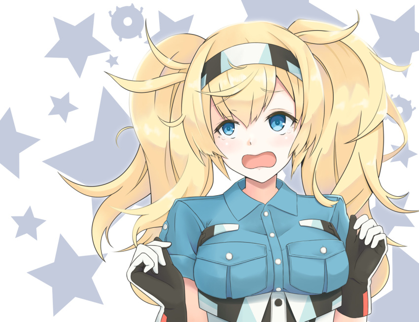 1girl blonde_hair blue_eyes blue_shirt breast_pocket breasts collared_shirt commentary gambier_bay_(kantai_collection) gloves hairband kantai_collection kodama_(user_rnfr3534) large_breasts open_mouth pocket shirt solo star starry_background tears twintails upper_body white_background