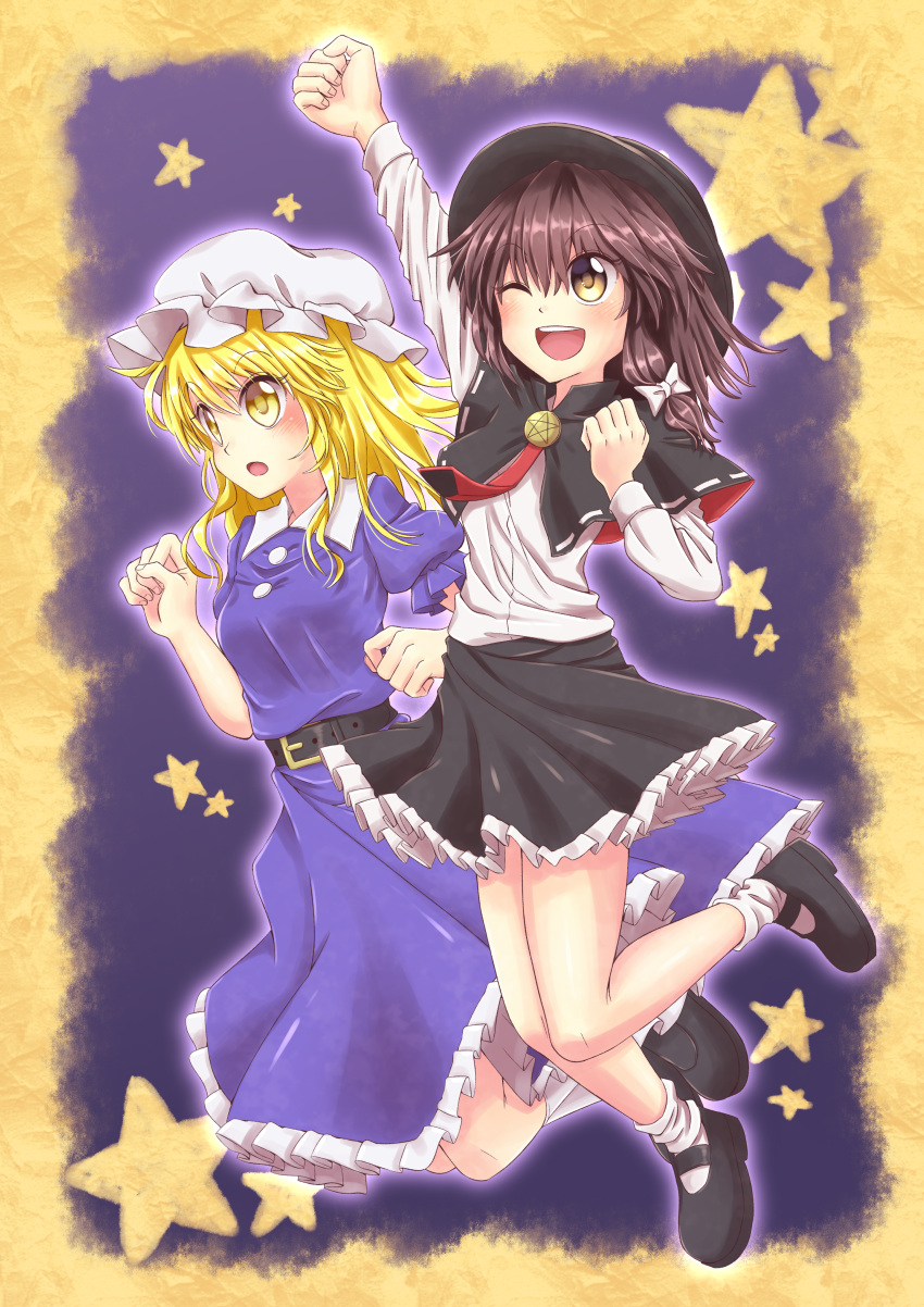 2girls :o ;d absurdres arm_up black_capelet black_footwear black_hat black_skirt blonde_hair blue_dress blush breasts brown_hair buckle capelet clenched_hands collared_dress commentary_request curled_fingers dress eyebrows_visible_through_hair eyelashes facing_viewer fingernails frilled_dress frilled_skirt frilled_sleeves frills full_body hair_ribbon hand_up hat high_collar highres kneehighs long_sleeves maribel_hearn mary_janes medium_breasts medium_hair midair mob_cap multiple_girls necktie one_eye_closed open_mouth pentagram petticoat puffy_short_sleeves puffy_sleeves purple_background ramie_(ramie541) red_neckwear ribbon shirt shoes short_sleeves side_ponytail skirt sleeve_cuffs smile socks star starry_background texture thighs tongue touhou two-tone_background upper_teeth usami_renko white_hat white_legwear white_ribbon white_shirt yellow_background yellow_eyes