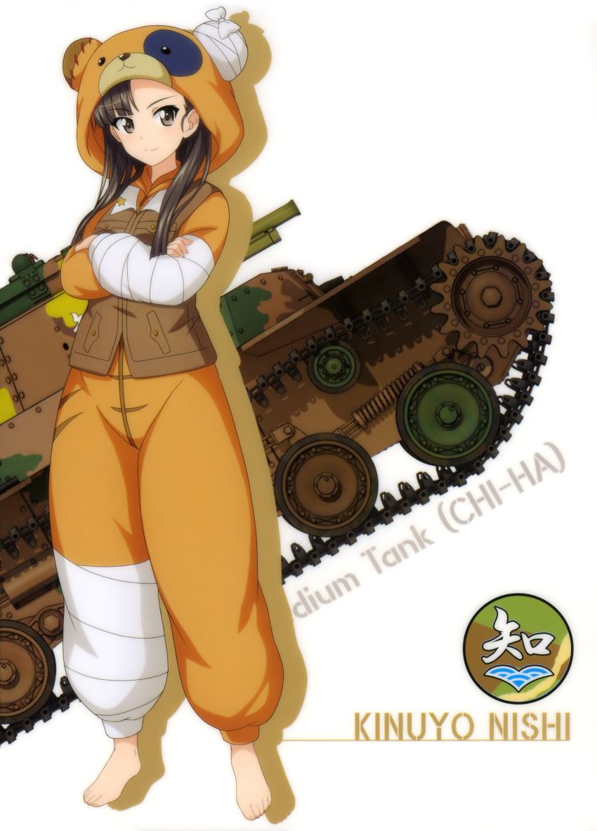 1girl absurdres animal_costume animal_hood asymmetrical_bangs bandage bangs barefoot brown_hair brown_jacket character_name crossed_arms full_body girls_und_panzer ground_vehicle highres hood jacket long_hair looking_at_viewer military military_vehicle motor_vehicle nishi_kinuyo smile solo standing tank white_background