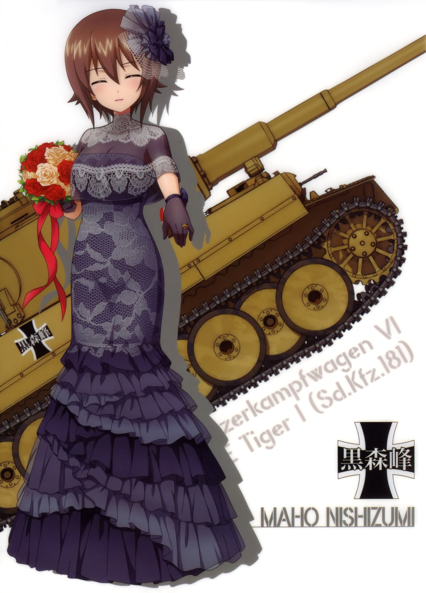 1girl absurdres bangs black_dress black_gloves bouquet breasts brown_hair character_name cleavage closed_eyes dress eyebrows_visible_through_hair flower full_body girls_und_panzer gloves ground_vehicle hair_between_eyes hair_ornament highres holding holding_bouquet jewelry layered_dress long_dress looking_at_viewer medium_breasts military military_vehicle motor_vehicle nishizumi_maho red_flower red_ribbon ribbon ring short_hair smile solo standing tank tiger_i white_background