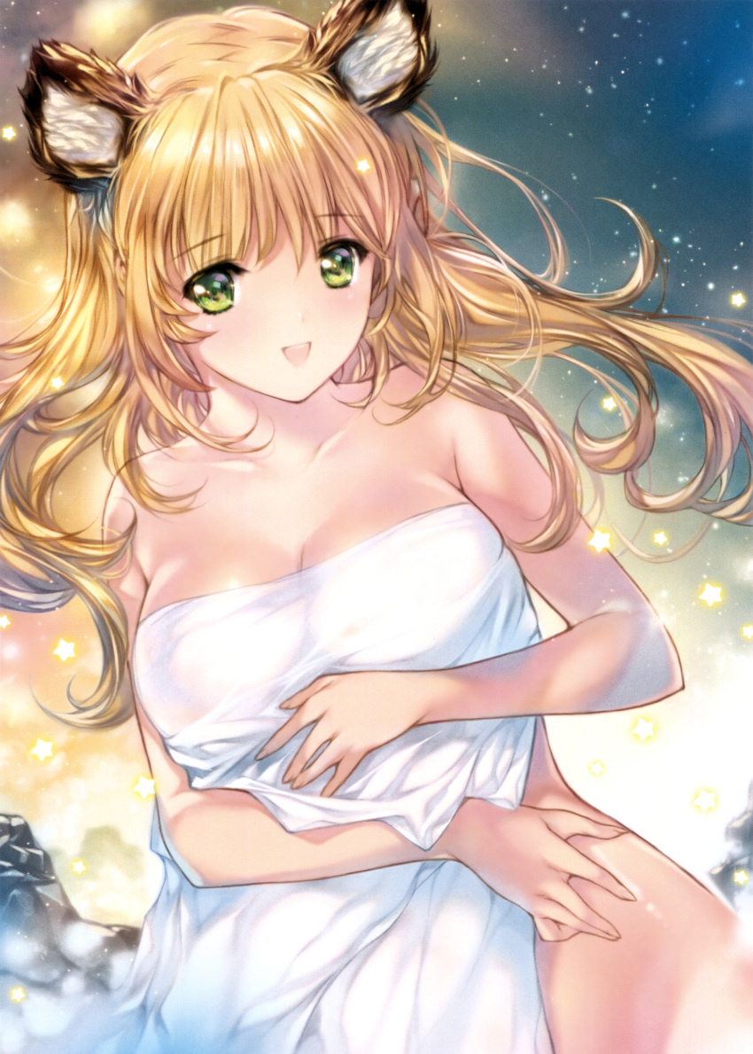 1girl absurdres animal_ears bangs bare_arms bare_shoulders blonde_hair breasts cleavage collarbone eyebrows_visible_through_hair fingernails green_eyes highres large_breasts long_hair min-naraken navel open_mouth scan shiny shiny_skin simple_background solo star tiger_ears toranoana towel