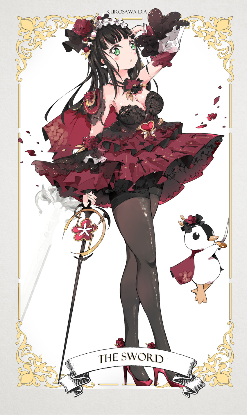 1girl :o arm_up bangs bird black_hair black_legwear blush breasts cape character_name cleavage detached_sleeves dress earrings english flower full_body green_eyes grey_border hair_flower hair_ornament hairband hand_on_own_head heart high_heels highres jewelry kurosawa_dia large_breasts lolita_hairband long_hair love_live! love_live!_sunshine!! mole mole_under_mouth pantyhose penguin petals print_dress qianqian red_dress red_footwear solo strapless strapless_dress sword thighband_pantyhose two-tone_dress weapon