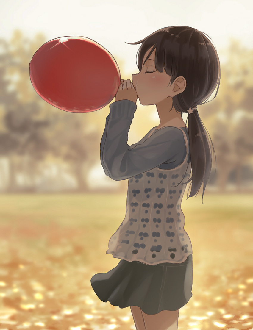 1girl ball balloon bangs black_hair black_skirt blowing blurry blurry_background blush brown_hair child closed_eyes commentary cowboy_shot from_side gin_(minamito3) hands_up highres holding holding_ball holding_balloon layered_clothing long_hair long_sleeves miniskirt muted_color open_mouth original outdoors ponytail red_balloon skirt sleeves_past_wrists solo standing swept_bangs tree