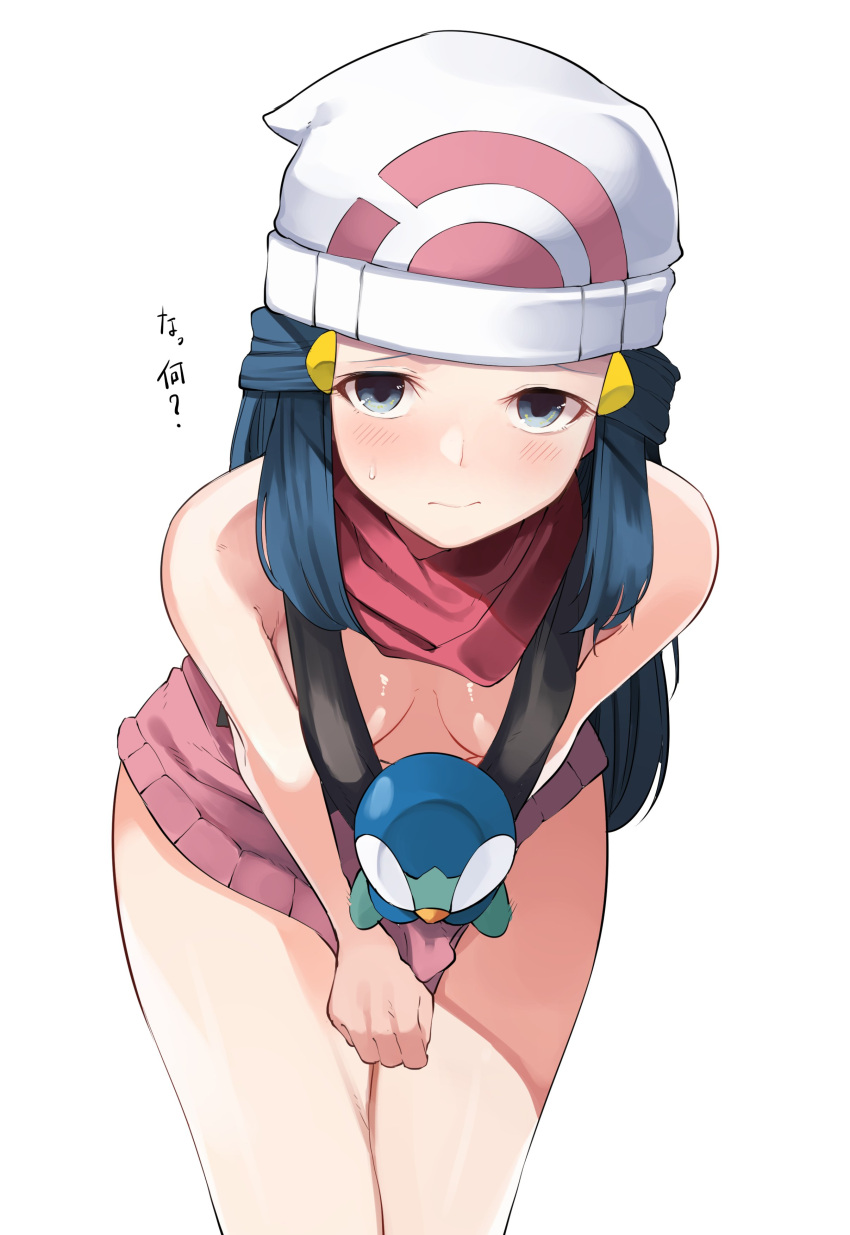 1girl ? absurdres bare_shoulders beanie bent_over blue_eyes blue_hair blush breasts closed_mouth downblouse hat highres hikari_(pokemon) kurutsuki long_hair looking_at_viewer miniskirt no_bra piplup pokemon pokemon_(creature) pokemon_(game) pokemon_dppt red_scarf scarf shirt shirt_pull simple_background skirt skirt_pull sleeveless sleeveless_shirt small_breasts solo_focus sweatdrop text_focus translation_request white_background