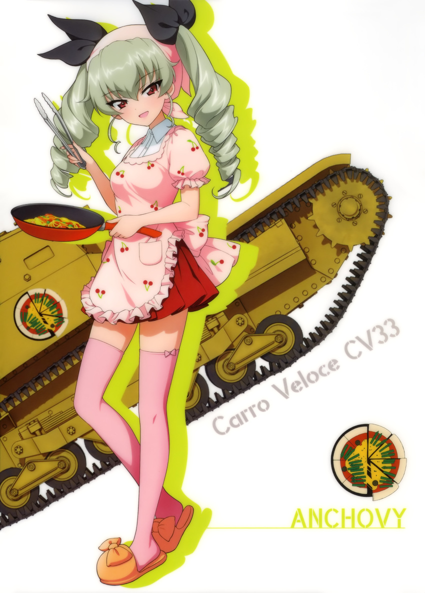 1girl absurdres anchovy apron bangs black_ribbon brown_eyes carro_veloce_cv-33 character_name cookin drill_hair eyes full_body girls_und_panzer green_hair ground_vehicle hair_between_eyes hair_ribbon highres holding long_hair military military_vehicle miniskirt motor_vehicle pink_apron pink_ribbon red_skirt ribbon skirt solo standing tank thigh-highs twin_drills white_background white_legwear zettai_ryouiki