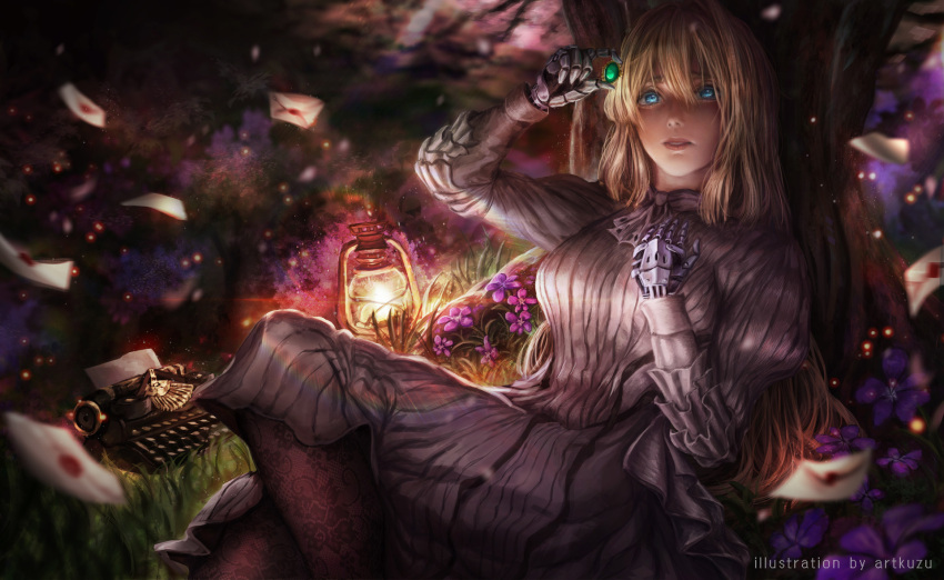 1girl artist_name artofkuzu black_legwear blonde_hair blue_eyes blurry_foreground breasts brooch dress envelope eyebrows_visible_through_hair flower gem grass hair_between_eyes hair_intakes hand_on_own_chest hand_up highres holding jewelry lantern letter long_hair long_sleeves looking_at_viewer mechanical_arm mechanical_hand mechanical_hands outdoors parted_lips prosthesis prosthetic_arm prosthetic_hand reclining ribbed_dress solo tree typewriter violet_evergarden violet_evergarden_(character) white_neckwear