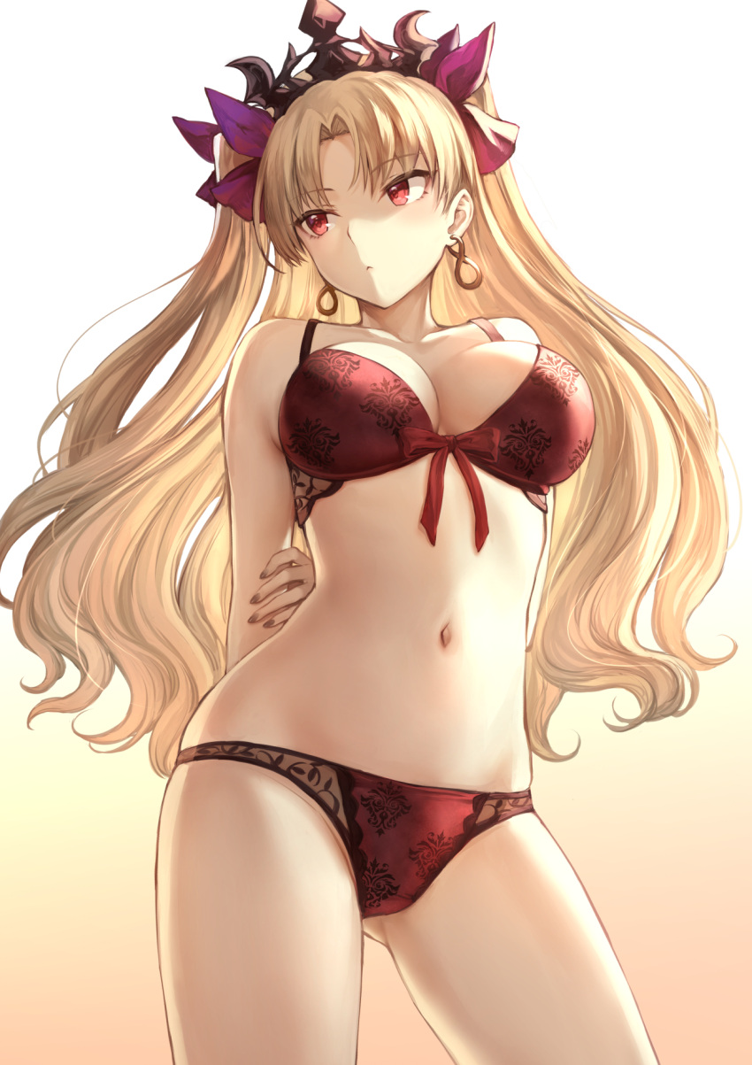 1girl :&lt; arms_behind_back ass_visible_through_thighs bangs blonde_hair bra breasts cleavage contrapposto cowboy_shot crown earrings ereshkigal_(fate/grand_order) fate/grand_order fate_(series) gradient gradient_background hair_ornament highres jewelry large_breasts long_hair looking_away mashu_003 navel panties parted_bangs red_bra red_eyes red_panties simple_background solo two_side_up underwear underwear_only