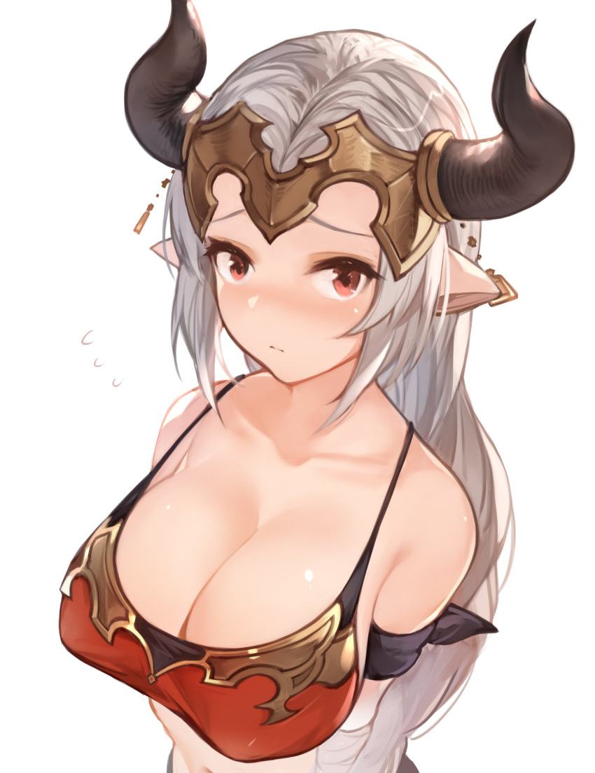 1girl absurdres aliza_(granblue_fantasy) armband blush breasts cleavage collarbone granblue_fantasy hana_mori headpiece highres horns large_breasts long_hair looking_at_viewer navel pointy_ears red_eyes silver_hair simple_background solo white_background