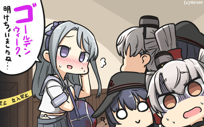 3girls :&gt; ? akatsuki_(kantai_collection) amatsukaze_(kantai_collection) anchor_symbol bag black_hair blood blush brown_eyes commentary_request dated eyebrows_visible_through_hair flat_cap from_behind grey_hair hamu_koutarou hat highres kantai_collection long_hair multiple_girls nose_blush o_o open_mouth sagiri_(kantai_collection) school_uniform serafuku shaded_face sweat translation_request violet_eyes