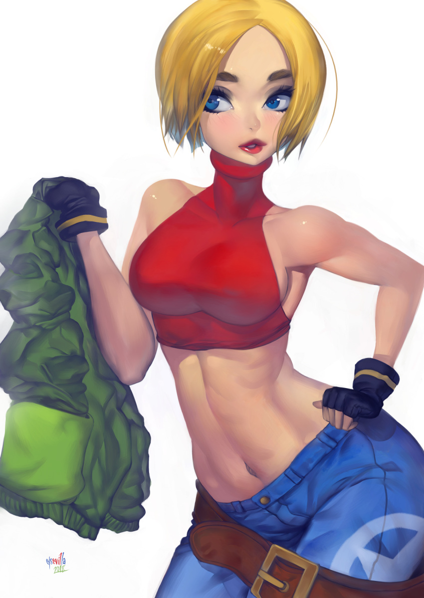 1girl abs bare_shoulders blonde_hair blue_eyes blue_mary breasts crop_top fatal_fury gloves halter_top halterneck hector_enrique_sevilla_lujan highres large_breasts midriff muscle navel nipples pants short_hair smile snk solo straight_hair the_king_of_fighters