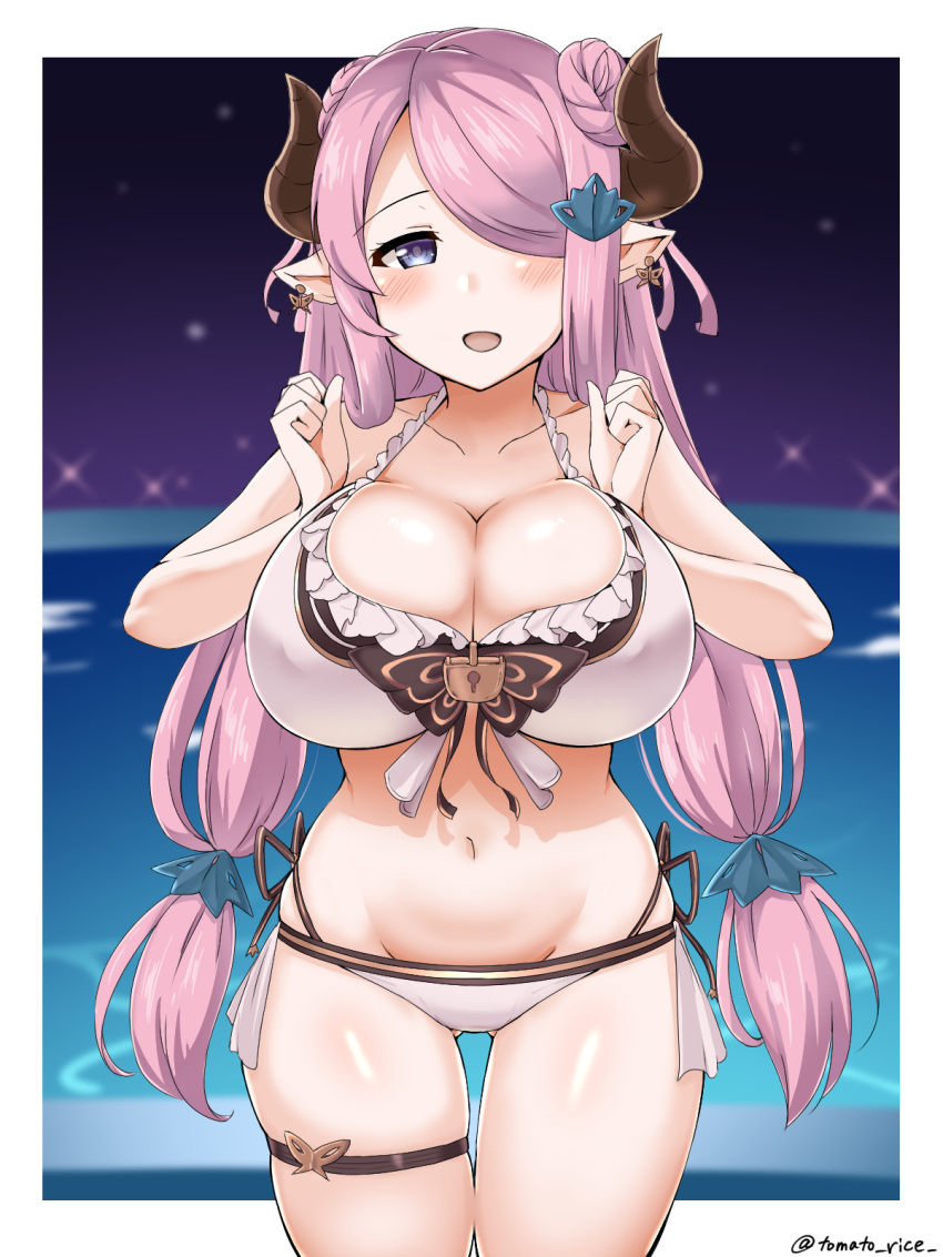 1girl bikini blue_eyes blush breast_squeeze breasts cowboy_shot double_bun draph earrings frilled_bikini_top granblue_fantasy hair_ornament hair_over_one_eye highres horns jewelry large_breasts layered_bikini lock long_hair looking_at_viewer low_twintails narmaya_(granblue_fantasy) navel night ocean open_mouth padlock pink_hair pointy_ears side-tie_bikini skindentation smile solo swimsuit thigh_strap tomato_rice twintails very_long_hair white_bikini