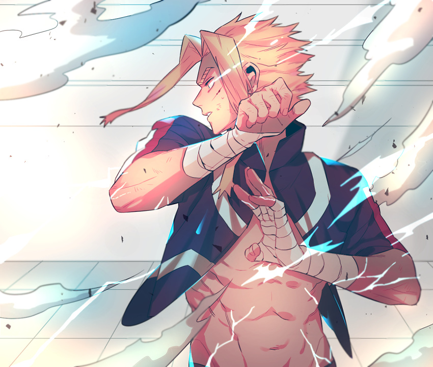 1boy all_might bandage bandaged_arm blonde_hair boku_no_hero_academia cuts fighting_stance injury male_focus navel open_clothes smoke solo tiles toned toned_male u.a._school_uniform upper_body yagi_toshinori younger
