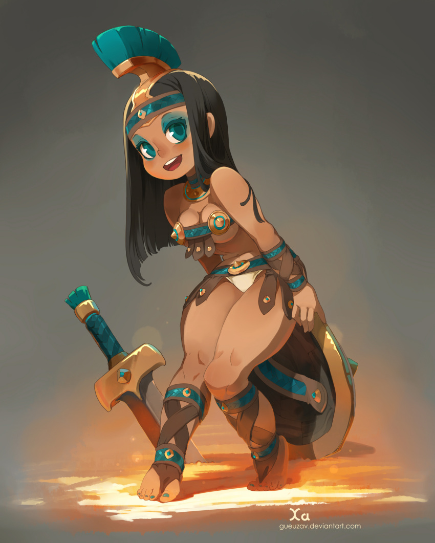 1girl absurdres aqua_eyes armor bare_shoulders bikini_armor breasts brown_hair commentary dark_skin eyeshadow full_body gladiator highres long_hair looking_at_viewer makeup medium_breasts open_mouth original panties round_teeth shield smile solo sword teeth thick_thighs thighs toenail_polish toes underwear watermark weapon web_address xavier_houssin