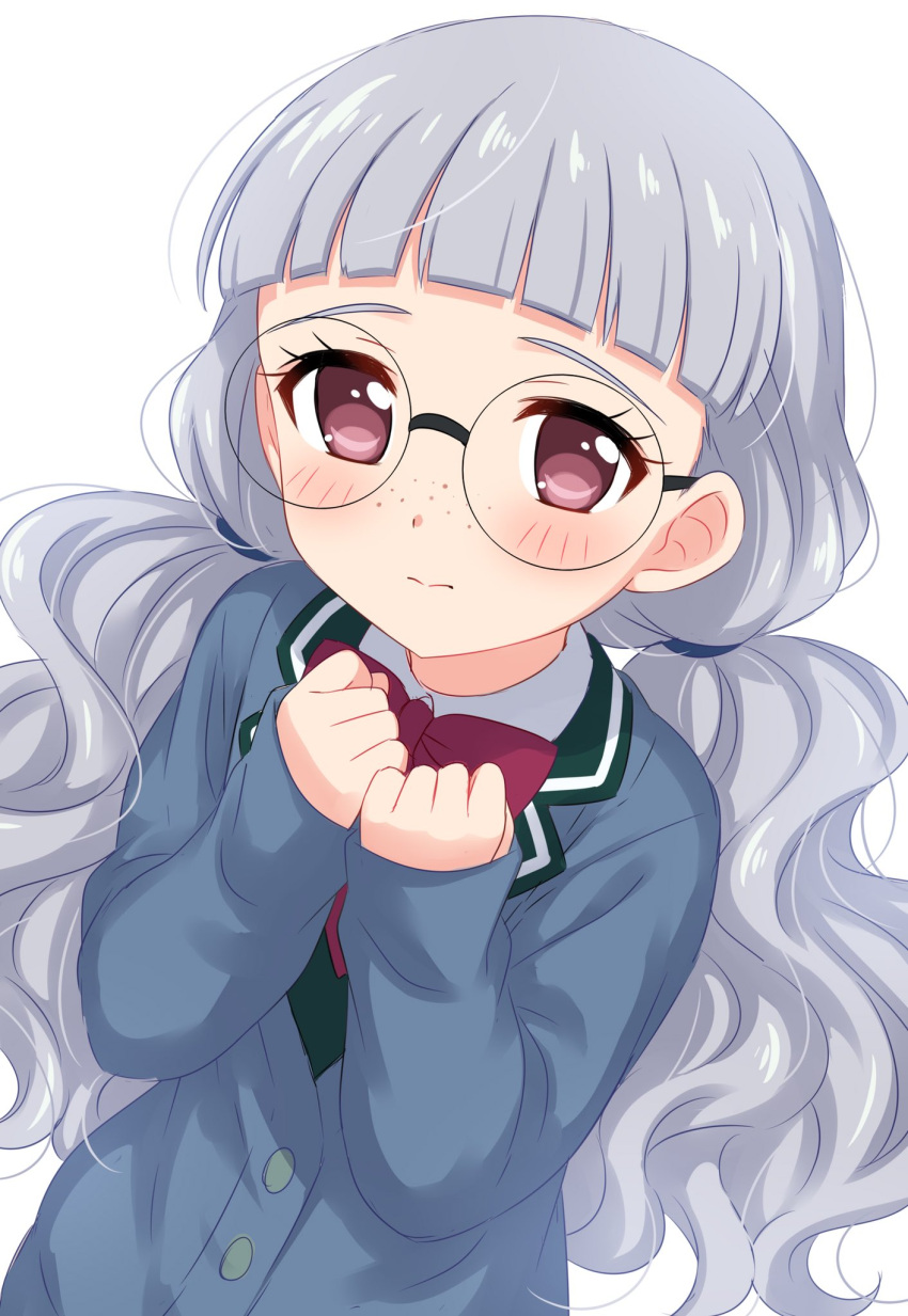 1girl bangs blunt_bangs blush bow bowtie cardigan closed_mouth commentary_request copyright_request dutch_angle freckles glasses grey_hair hands_up highres long_hair long_sleeves looking_at_viewer low_twintails red_eyes red_neckwear round_eyewear sekina simple_background sleeves_past_wrists solo twintails upper_body white_background