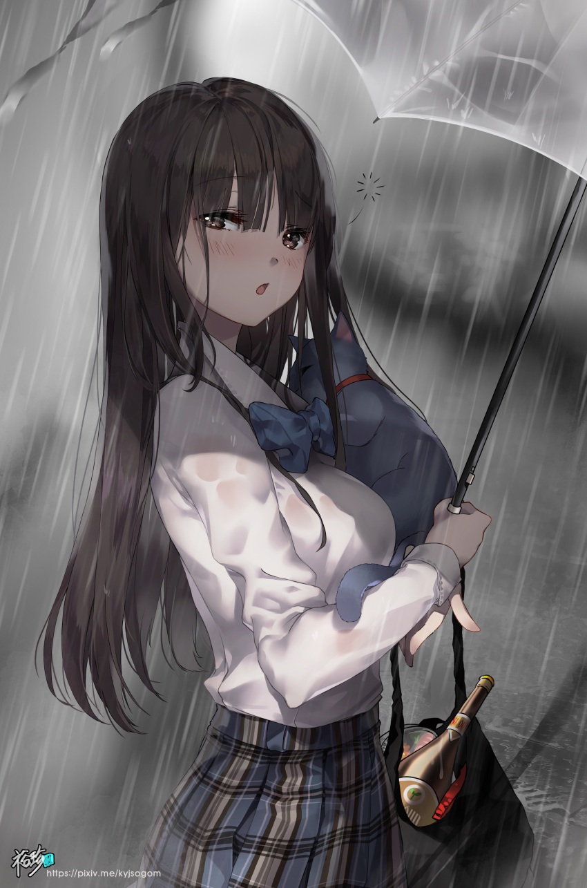 1girl absurdres animal bag bangs blue_neckwear blue_skirt blush bottle bow bowtie breasts brown_eyes brown_hair cat collared_shirt commentary_request eyebrows_visible_through_hair hair_between_eyes highres holding holding_umbrella kyjsogom long_hair long_sleeves looking_at_viewer medium_breasts original outdoors parted_lips plaid plaid_skirt pleated_skirt rain shirt signature skirt solo transparent_umbrella umbrella very_long_hair water watermark web_address wet wet_clothes wet_shirt white_shirt white_umbrella
