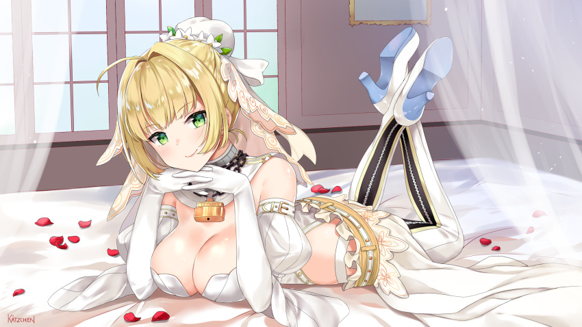1girl ahoge bangs bed blonde_hair blush boots breasts chains cleavage closed_mouth commentary curtains detached_collar detached_sleeves elbow_gloves eyebrows_visible_through_hair fate/extra fate/extra_ccc fate/grand_order fate_(series) flower gloves green_eyes hair_flower hair_intakes hair_ornament high_heel_boots high_heels highres indoors interlocked_fingers juliet_sleeves kaetzchen large_breasts leotard lock long_sleeves lying nero_claudius_(bride)_(fate) nero_claudius_(fate)_(all) on_stomach padlock petals puffy_sleeves revision signature smile solo strapless strapless_leotard thigh-highs thigh_boots transparent veil white_collar white_flower white_footwear white_gloves white_legwear white_leotard window