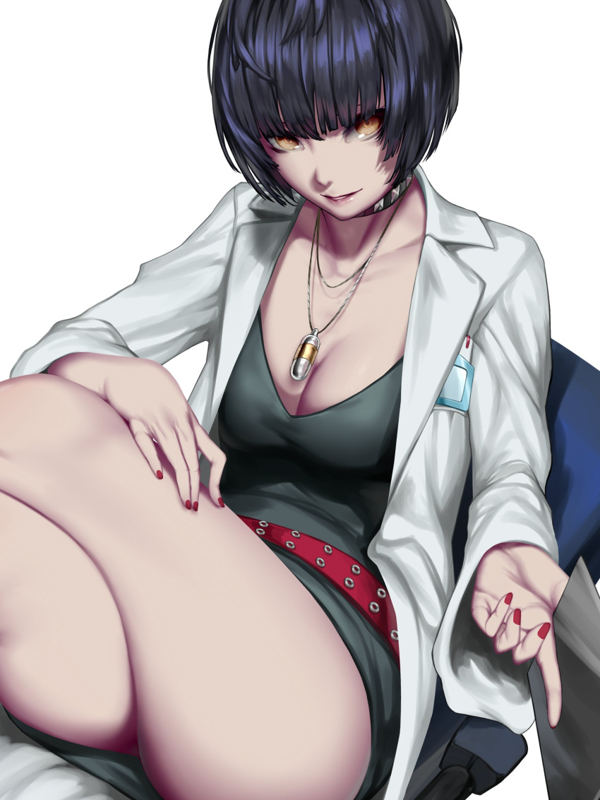 1girl absurdres black_hair breasts brown_eyes choker collarbone highres jewelry kumiko_shiba labcoat looking_at_viewer nail_polish necklace persona persona_5 short_hair sitting smile solo takemi_tae