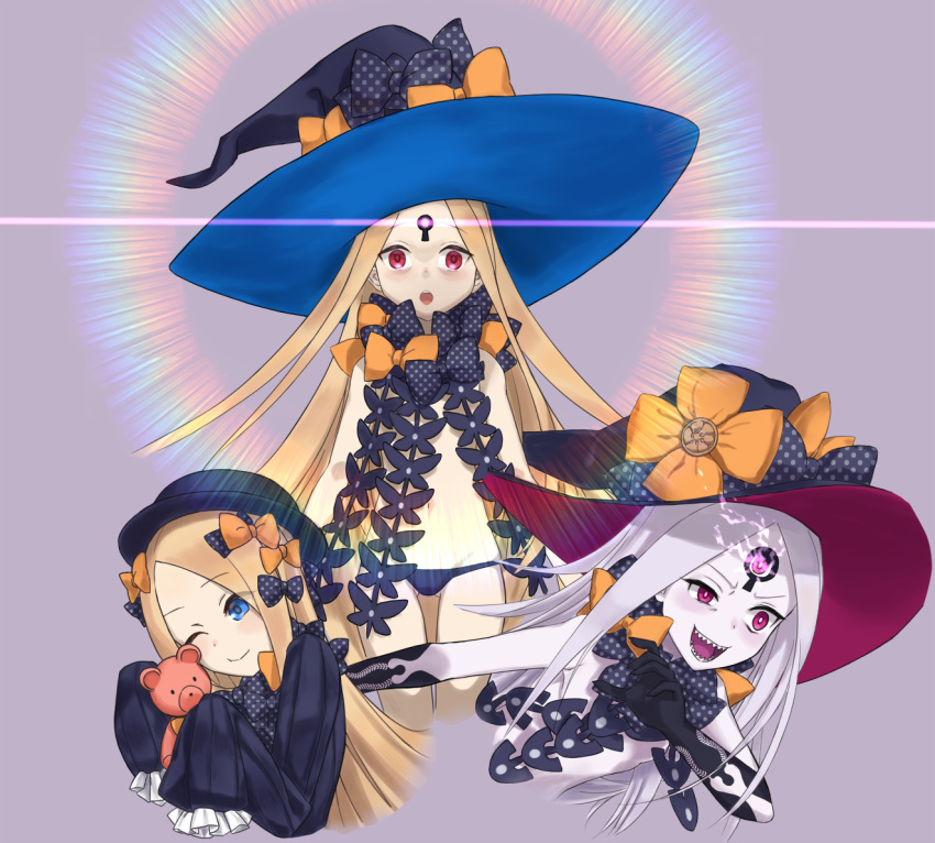 1girl :d ;) abigail_williams_(fate/grand_order) bangs black_bow black_dress black_gloves black_hat black_panties blonde_hair blue_eyes blush bow bug butterfly closed_mouth commentary_request cropped_legs cropped_torso dress elbow_gloves eyebrows_visible_through_hair fate/grand_order fate_(series) forehead gloves glowing groin hair_bow half-closed_eye hat hat_bow holding holding_stuffed_animal insect long_hair long_sleeves looking_at_viewer multiple_persona navel one_eye_closed open_mouth orange_bow pale_skin panties parted_bangs polka_dot polka_dot_bow red_eyes revealing_clothes sharp_teeth silver_hair sleeves_past_fingers sleeves_past_wrists smile stuffed_animal stuffed_toy teddy_bear teeth topless underwear uneven_eyes upper_teeth very_long_hair violet_eyes witch_hat zilaishui