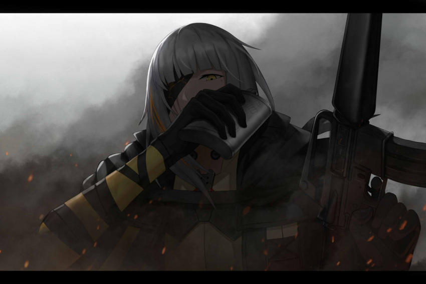 1girl arm_wrap assault_rifle bangs blonde_hair blunt_bangs braid cape cero_(last2stage) corruption eyebrows_visible_through_hair eyepatch fire flask girls_frontline gloves gun half-closed_eye highres holding holding_gun holding_weapon jacket letterboxed long_hair looking_at_viewer m16 m16a1_(girls_frontline) mole mole_under_eye multicolored_hair rifle sangvis_ferri scar scar_across_eye sidelocks smoke solo spoilers streaked_hair weapon white_hair wiping_mouth
