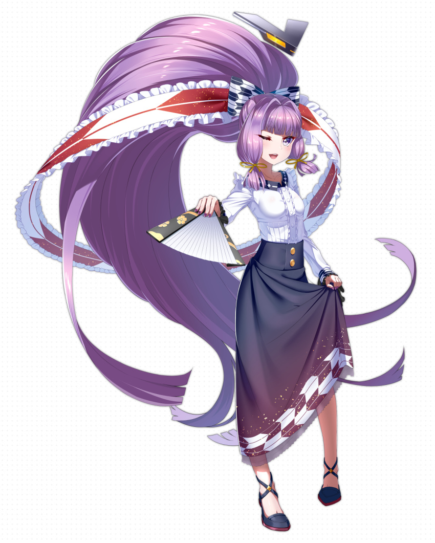 1girl bangs blouse bow collarbone dress eyebrows fan floating_hair floating_headgear folding_fan frilled_blouse full_body hair_bow hair_ribbon hatsuharu_(kantai_collection) headgear high-waist_skirt highres kantai_collection leaf_lsd long_hair long_skirt long_sleeves looking_at_viewer nail_polish one_eye_closed open_mouth ponytail pumps purple_hair purple_nails remodel_(kantai_collection) ribbon short_eyebrows skirt skirt_lift smile solo tress_ribbon very_long_hair violet_eyes white_blouse