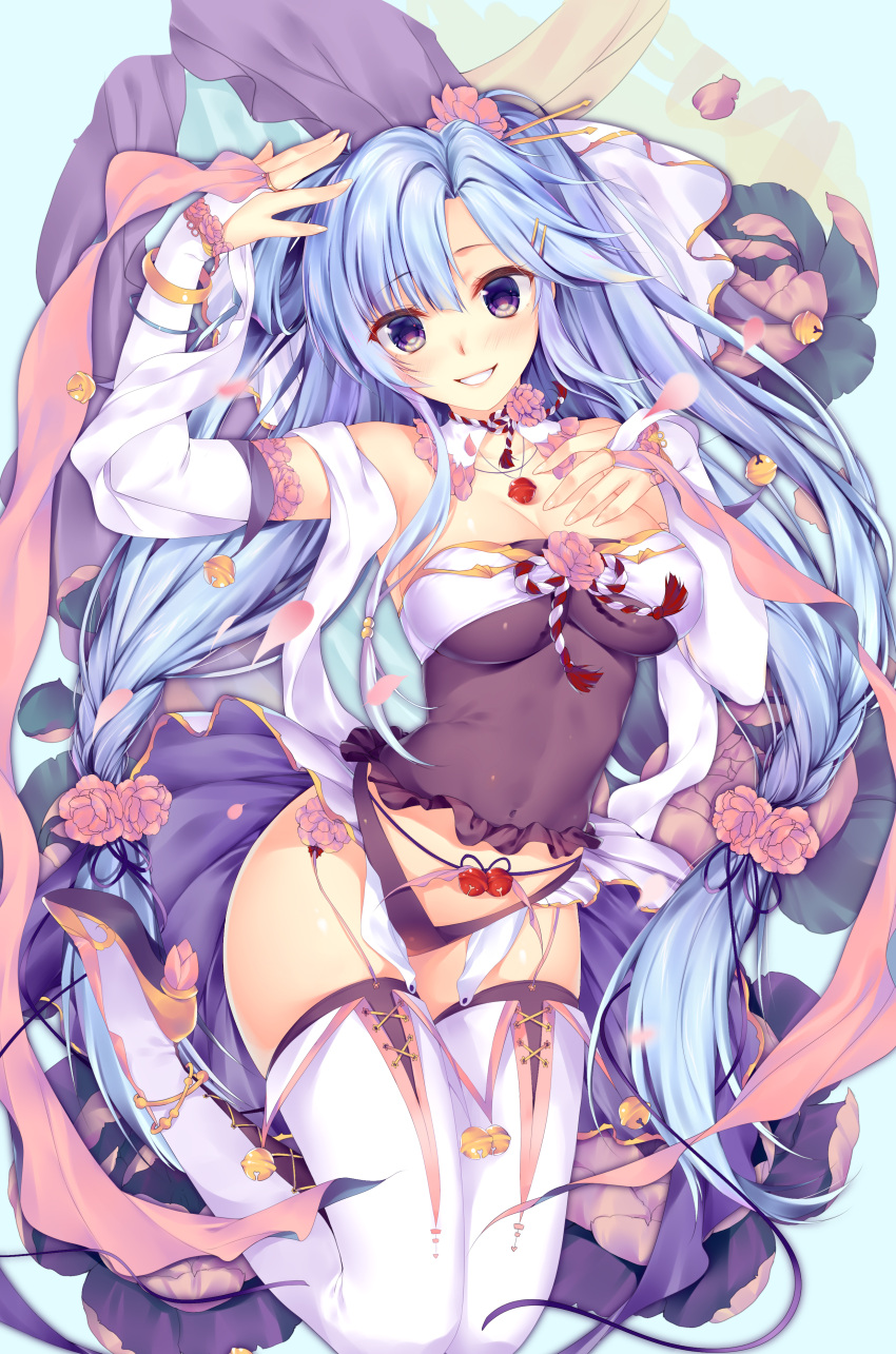 1girl absurdres bare_shoulders bell blue_hair blush boots breasts bridal_gauntlets commentary_request covered_navel flower gloves hair_flower hair_ornament hairclip hairpin hand_up highres jewelry jingle_bell jumping long_hair looking_at_viewer medium_breasts mikuni_romance necklace open_clothes open_skirt panties purple_panties purple_skirt sangoku_romance skirt smile solo thigh-highs thigh_boots twintails underwear veil very_long_hair violet_eyes white_gloves