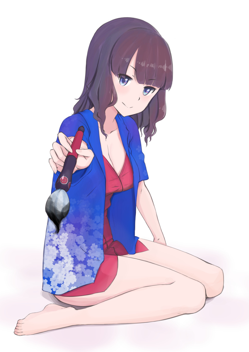 1girl bare_legs barefoot blue_eyes blush breasts brown_hair calligraphy_brush cleavage closed_mouth collarbone commentary_request dress fate/grand_order fate_(series) floral_print highres holding holding_paintbrush jilu katsushika_hokusai_(fate/grand_order) leaning_forward long_hair looking_at_viewer medium_breasts paintbrush red_dress sitting smile solo wariza white_background