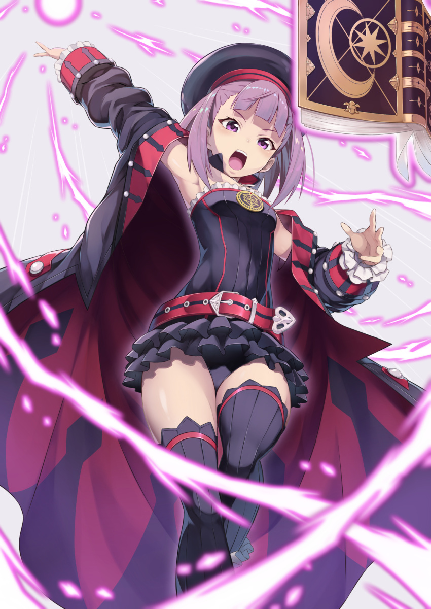 1girl arm_up armpits bangs bare_shoulders black_hat black_legwear black_panties blush book breasts detached_collar dress eyebrows_visible_through_hair fate/grand_order fate_(series) from_below hat helena_blavatsky_(fate/grand_order) highres looking_at_viewer open_mouth panties pantyshot pantyshot_(standing) purple_hair short_hair small_breasts solo standing strapless strapless_dress takahan thigh-highs tree_of_life underwear upskirt violet_eyes