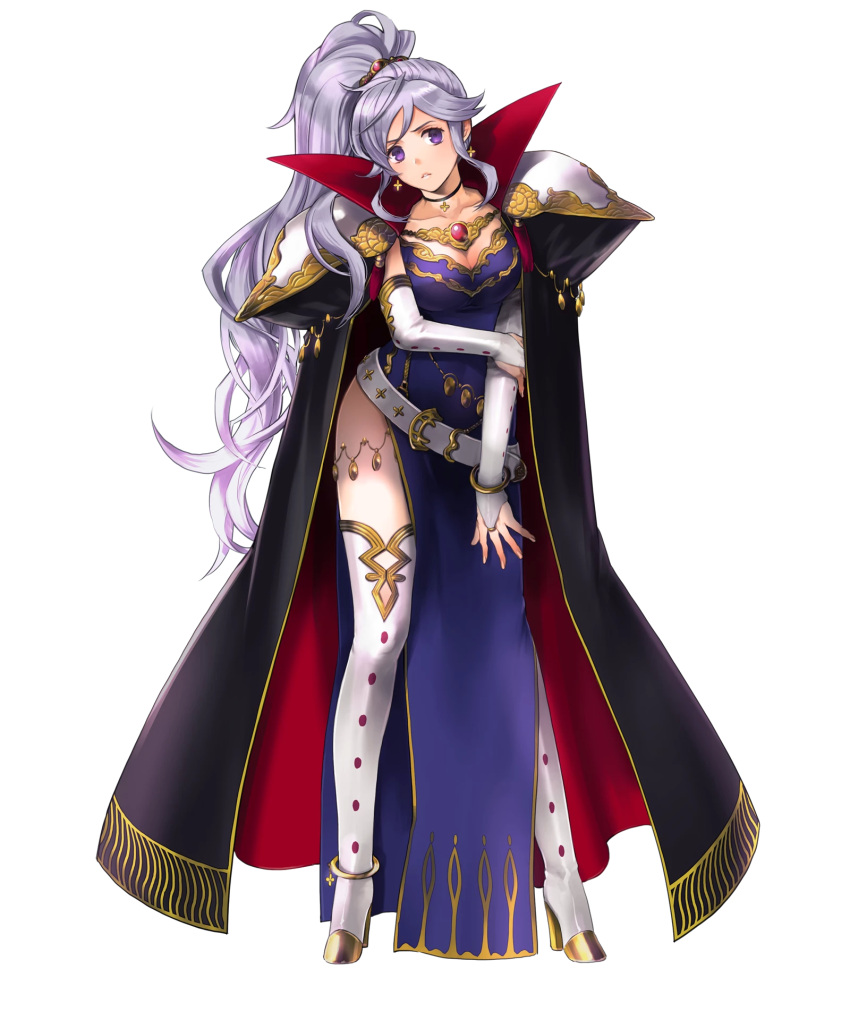 1girl armor bangs belt boots bracelet breasts bridal_gauntlets cape cleavage collar collarbone dress earrings fire_emblem fire_emblem:_seisen_no_keifu fire_emblem_heroes full_body high_heel_boots high_heels high_ponytail highres ishtar_(fire_emblem) jewelry large_breasts long_hair medium_breasts official_art parted_lips ponytail purple_hair shoulder_pads side_slit solo suekane_kumiko thigh-highs thigh_boots transparent_background violet_eyes white_footwear