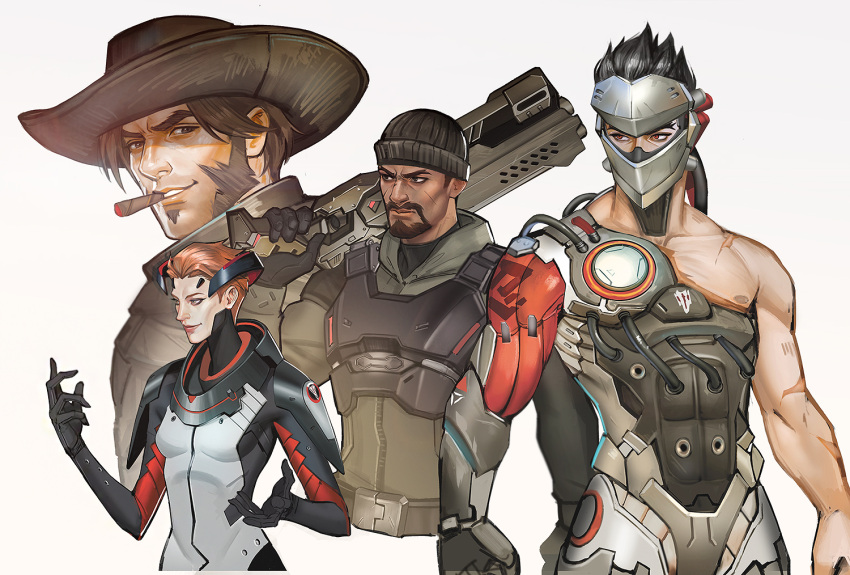 1girl 3boys alternate_costume beanie black_hair blackwatch_(overwatch) blackwatch_genji blackwatch_mccree blackwatch_moira blackwatch_reyes brown_hair collage cyborg dark_skin facial_hair genji_(overwatch) goatee gun hat male_focus mccree_(overwatch) mistermagnolia moira_(overwatch) multiple_boys over_shoulder overwatch reaper_(overwatch) red_eyes redhead shotgun sideburns weapon weapon_over_shoulder younger