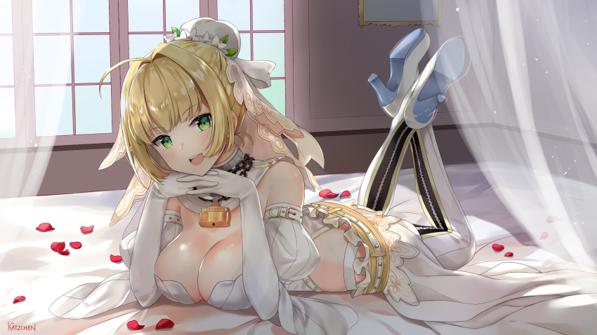 1girl :d ahoge bangs bed blonde_hair blush boots breasts chains cleavage curtains detached_collar detached_sleeves elbow_gloves eyebrows_visible_through_hair fate/extra fate/extra_ccc fate/grand_order fate_(series) flower gloves green_eyes hair_flower hair_intakes hair_ornament highres indoors interlocked_fingers juliet_sleeves kaetzchen large_breasts leotard lock long_sleeves lying nero_claudius_(bride)_(fate) nero_claudius_(fate)_(all) on_stomach open_mouth padlock petals puffy_sleeves revision signature smile solo strapless strapless_leotard thigh-highs thigh_boots transparent upper_teeth veil white_collar white_flower white_footwear white_gloves white_legwear white_leotard window