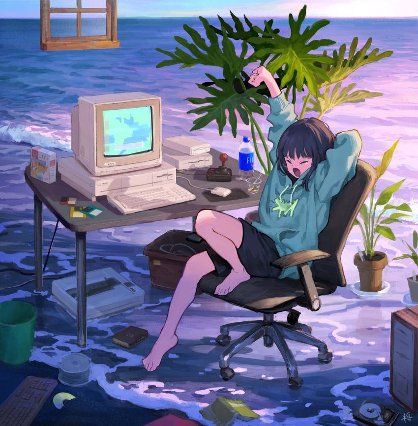 1girl amiga arm_behind_head arm_up artist_name bangs barefoot beach black_hair book bottle box chair closed_eyes commentary_request compact_disc computer controller floppy_disk game_controller hard_drive highres hood hoodie horizon joystick keyboard_(computer) knee_up long_sleeves monitor mouse_(computer) ocean office_chair on_chair original plant pocket potted_plant sho_(sho_lwlw) short_hair shorts sitting sky solo spoon stretch table tearing_up trash_can water water_bottle window yawning