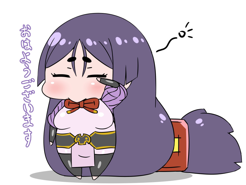 1girl absurdly_long_hair black_legwear blush bodysuit chibi closed_eyes commentary_request fate/grand_order fate_(series) hand_up highres long_hair low-tied_long_hair minamoto_no_raikou_(fate/grand_order) neck_ribbon pelvic_curtain puffy_sleeves purple_hair red_neckwear red_ribbon rei_(rei_rr) ribbon sash sleepy solo standing thigh-highs very_long_hair wiping_face