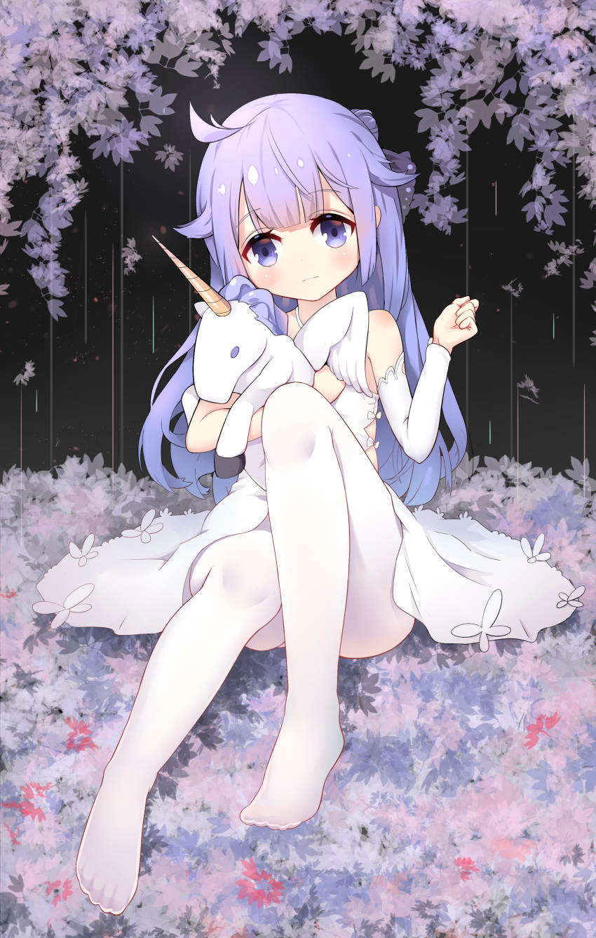 1girl absurdres ahoge azur_lane bangs black_bow black_ribbon blush bow closed_mouth commentary_request detached_sleeves dress eyebrows_visible_through_hair hair_bun hair_ribbon halterneck head_tilt highres little_egg long_sleeves looking_at_viewer no_shoes object_hug one_side_up pantyhose purple_hair ribbon side_bun single_detached_sleeve sitting solo stuffed_animal stuffed_pegasus stuffed_toy stuffed_unicorn unicorn_(azur_lane) violet_eyes white_dress white_legwear
