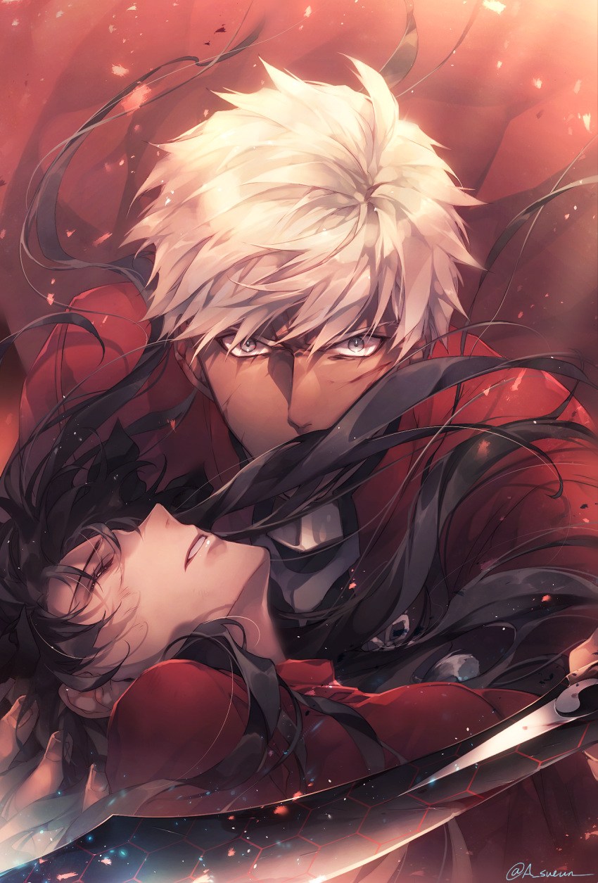 1boy 1girl archer bangs black_hair blood breasts closed_eyes coat commentary_request covered_mouth dark_skin dark_skinned_male fate/stay_night fate_(series) floating_hair grey_eyes hair_between_eyes highres holding holding_weapon injury kanshou_&amp;_bakuya light_particles long_hair looking_at_viewer parted_lips red_coat red_shirt ribbon serious shirt sidelocks silver_hair sweater sword tohsaka_rin twitter_username two_side_up weapon zelovel